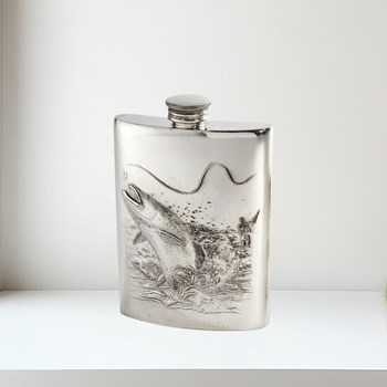 3oz Embossed Fishing Top Pocket Flask 3oz pewter kidney spirit flask fly fishing