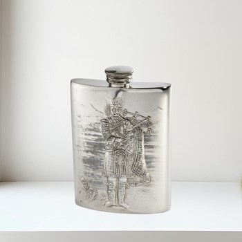 3oz Embossed Piper Pewter Top Pocket Flask 3oz pewter kidney spirit flask
