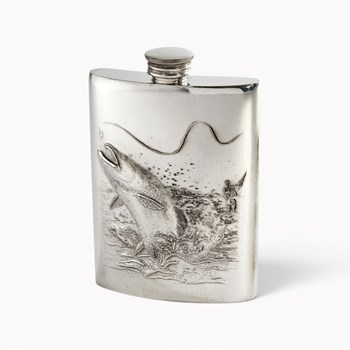 Embossed Fishing 6oz Pewter Kidney Flask