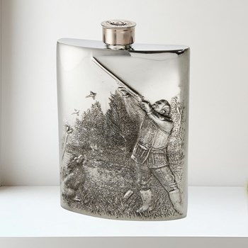 6oz Embossed Shooting Flask 6oz Shooting scene Pewter Kidney Hip Flask