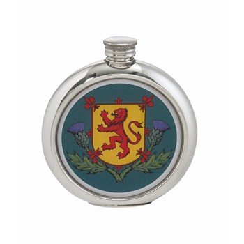 6oz Round Thistles And Lion Rampant Pewter Picture Flask