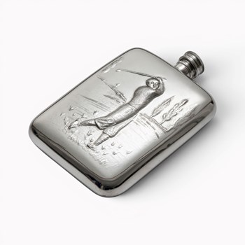 Golfer Embossed 6oz Pewter Pocket Flask