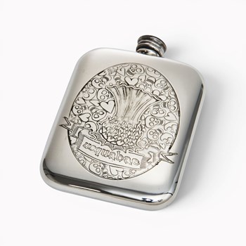 Usquabae Thistle Skull And Hearts Pewter Pocket Flask