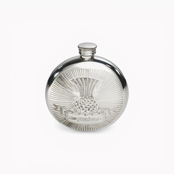 Round Usquabae Single Thistle Pewter Flask