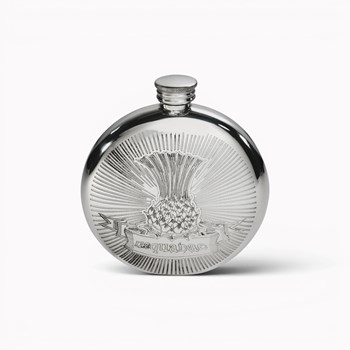 Round Usquabae Single Thistle Pewter Flask