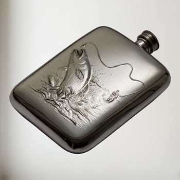 6oz Fishing Embossed Pewter Pocket Flask 6oz Fishing Embossed Pewter Pocket Flask