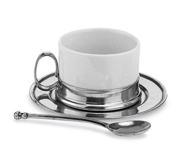 Pewter and ceramic tea cup & saucer with spoon