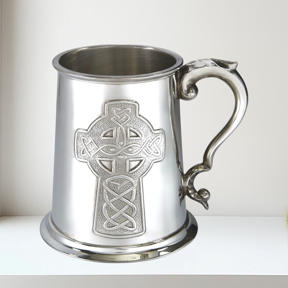 Embossed Celtic Cross One Pint Pewter Tankard
