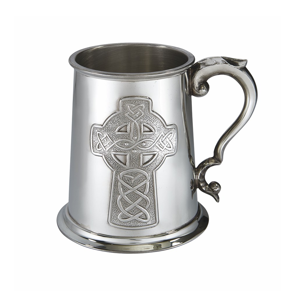 Embossed Celtic Cross One Pint Pewter Tankard