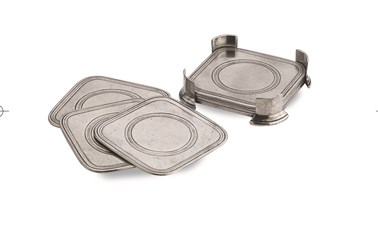 Pewter square coasters in caddy, set of six