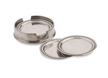 Pewter round coasters with caddy - set of 6