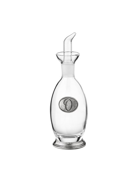 Glass and pewter oil bottle with cork pourer