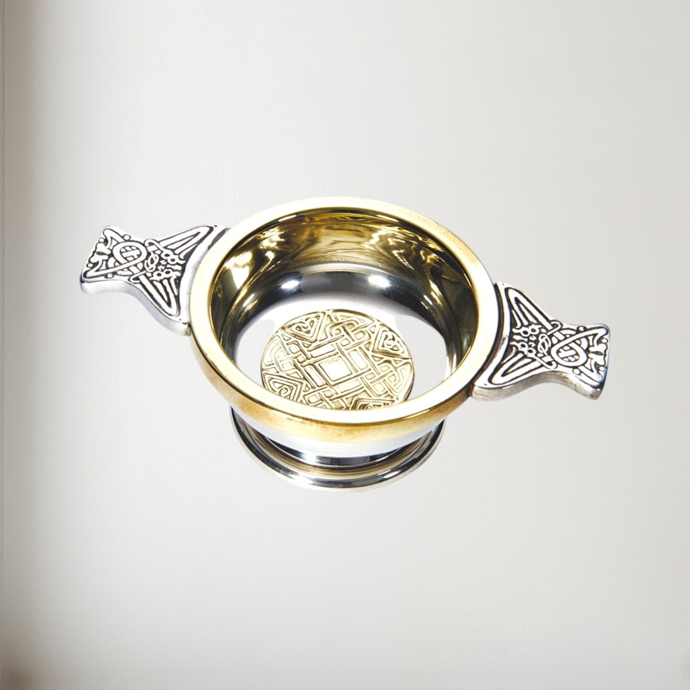 Small Celtic Gold Pewter And Brass Quaich Small Celtic Gold Pewter And Brass Quaich