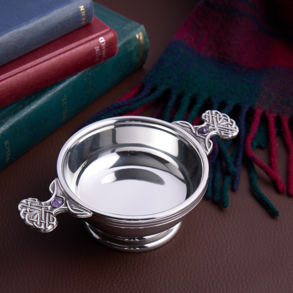 February Birthstone Pewter Quaich With Amethyst Stones February Birthstone Pewter Quaich With Amethyst Stones