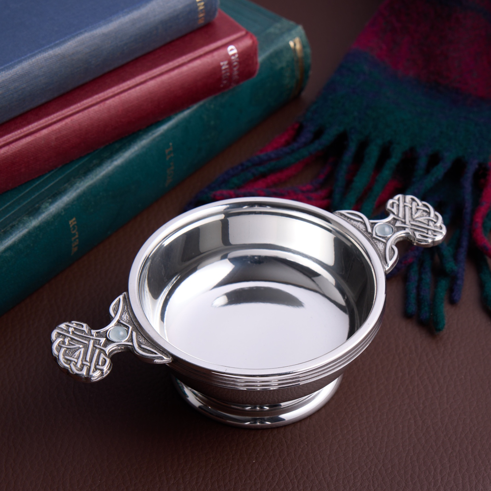 March Birthstone Pewter Quaich With Aquamarine Stones March Birthstone Pewter Quaich With Aquamarine Stones