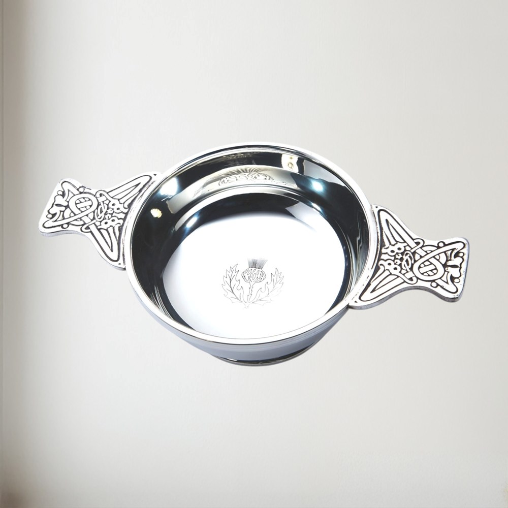 Large plus thistle pewter quaich