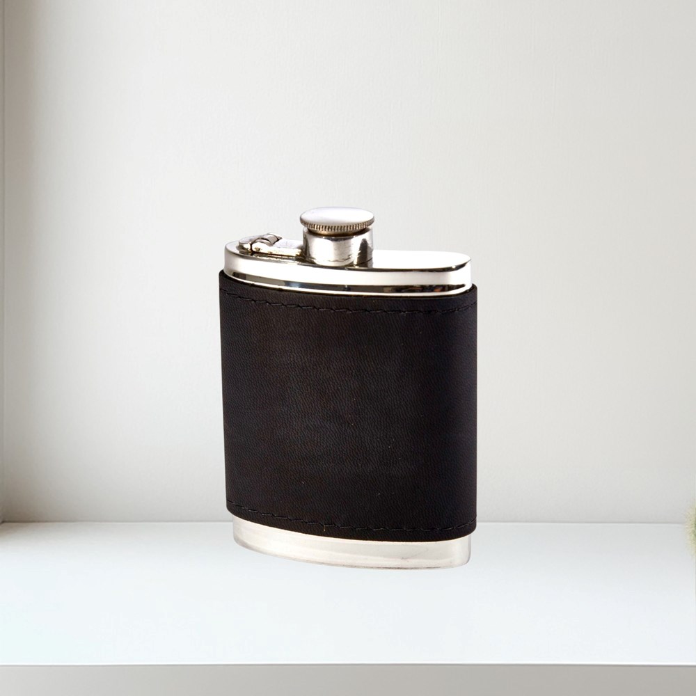 6oz Black Raven Leather Captive Top Pewter Flask