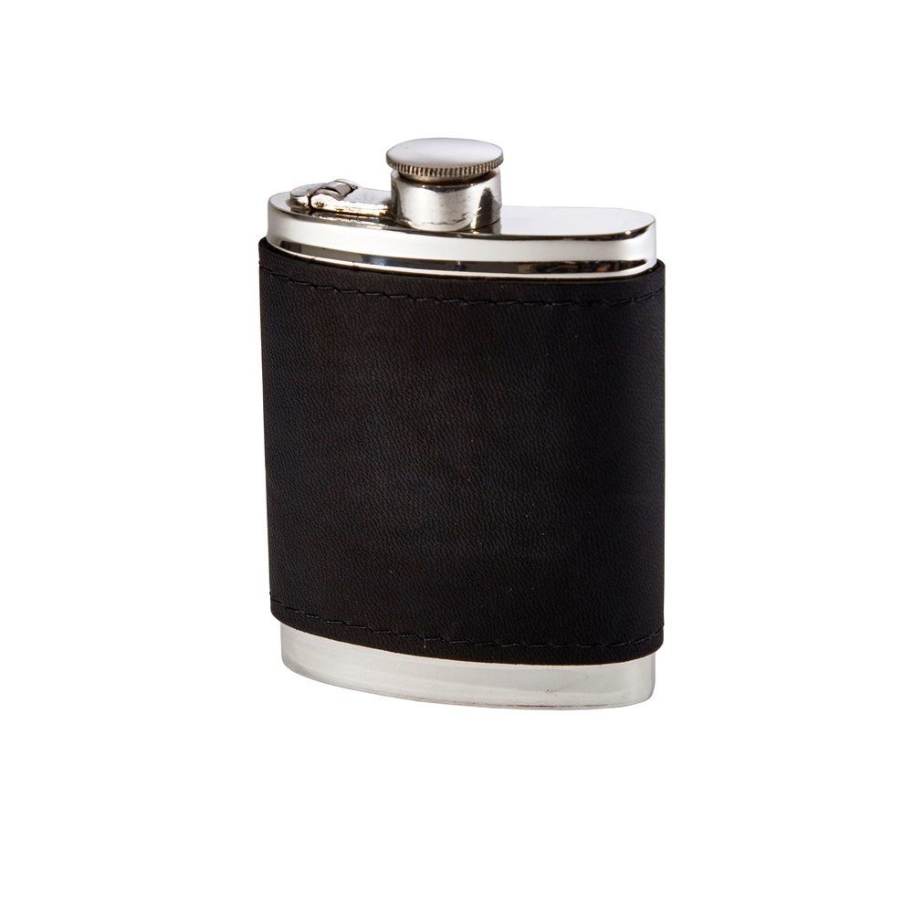 6oz Black Raven Leather Captive Top Pewter Flask