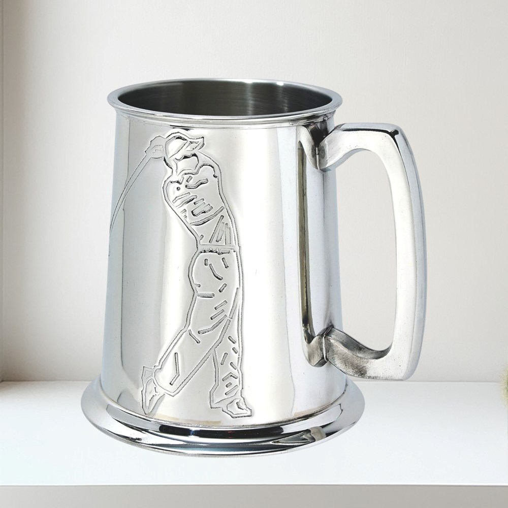 Embossed Golfer One Pint Pewter Tankard
