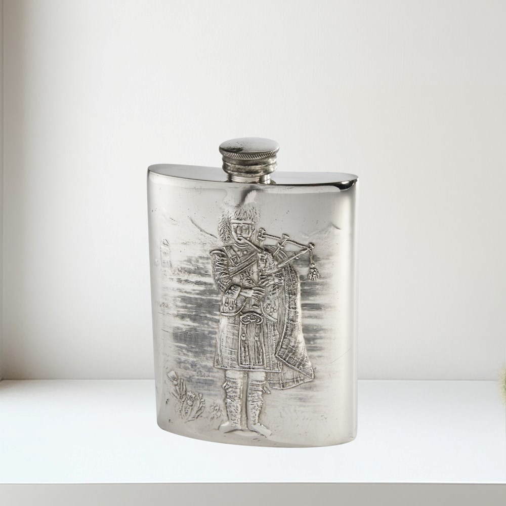 3oz Embossed Piper Pewter Top Pocket Flask 3oz pewter kidney spirit flask