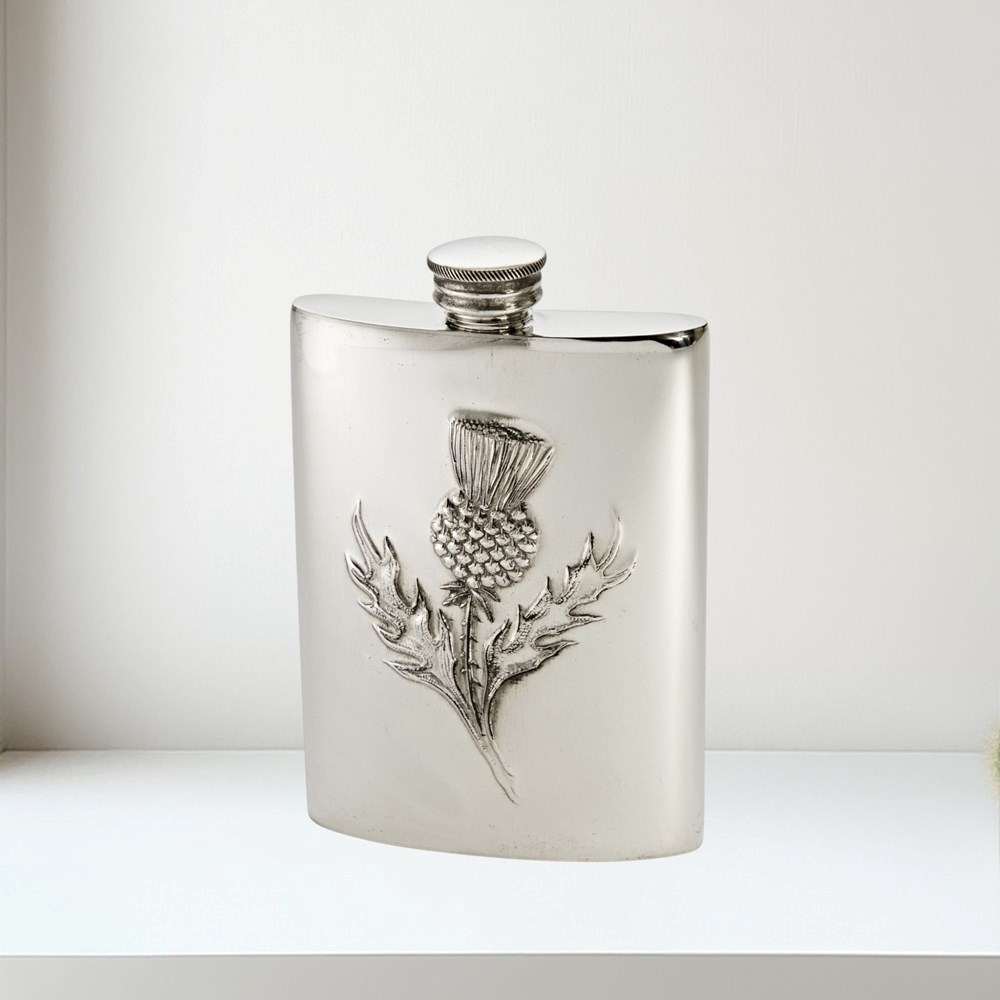 3oz Embossed Thistle Top Pocket Flask 3oz pewter kidney spirit flask