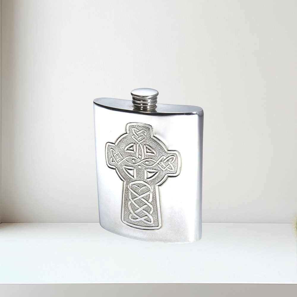 Celtic Cross Embossed Pewter Kidney Flask