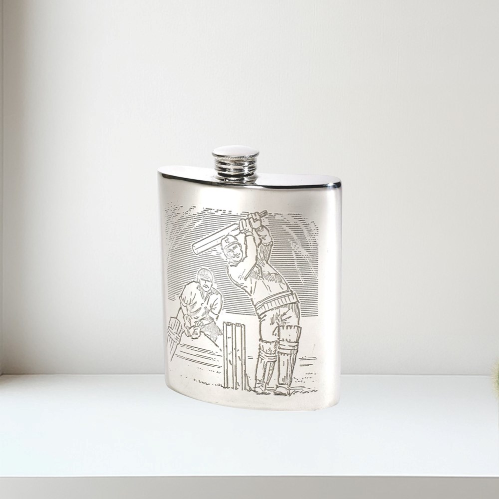 6oz Cricket Scene Pewter Kidney Hip Flask