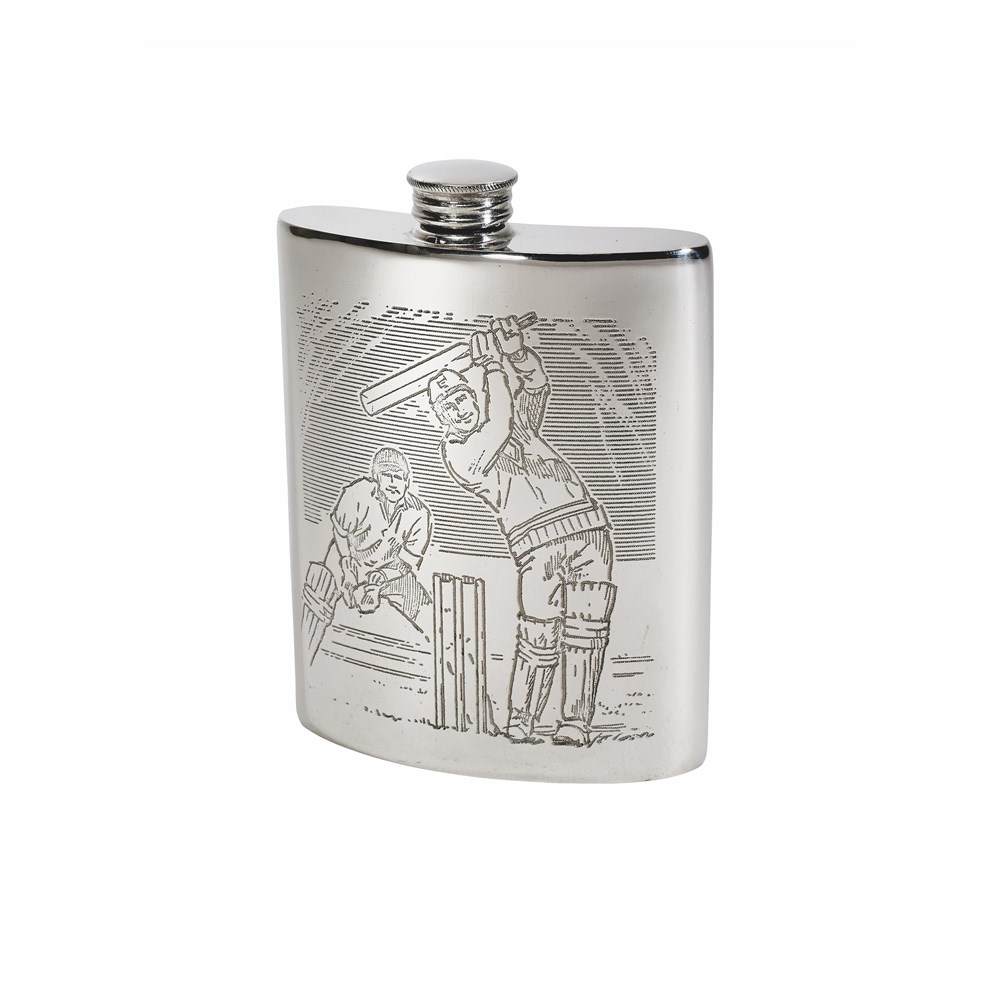 6oz Cricket Scene Pewter Kidney Hip Flask