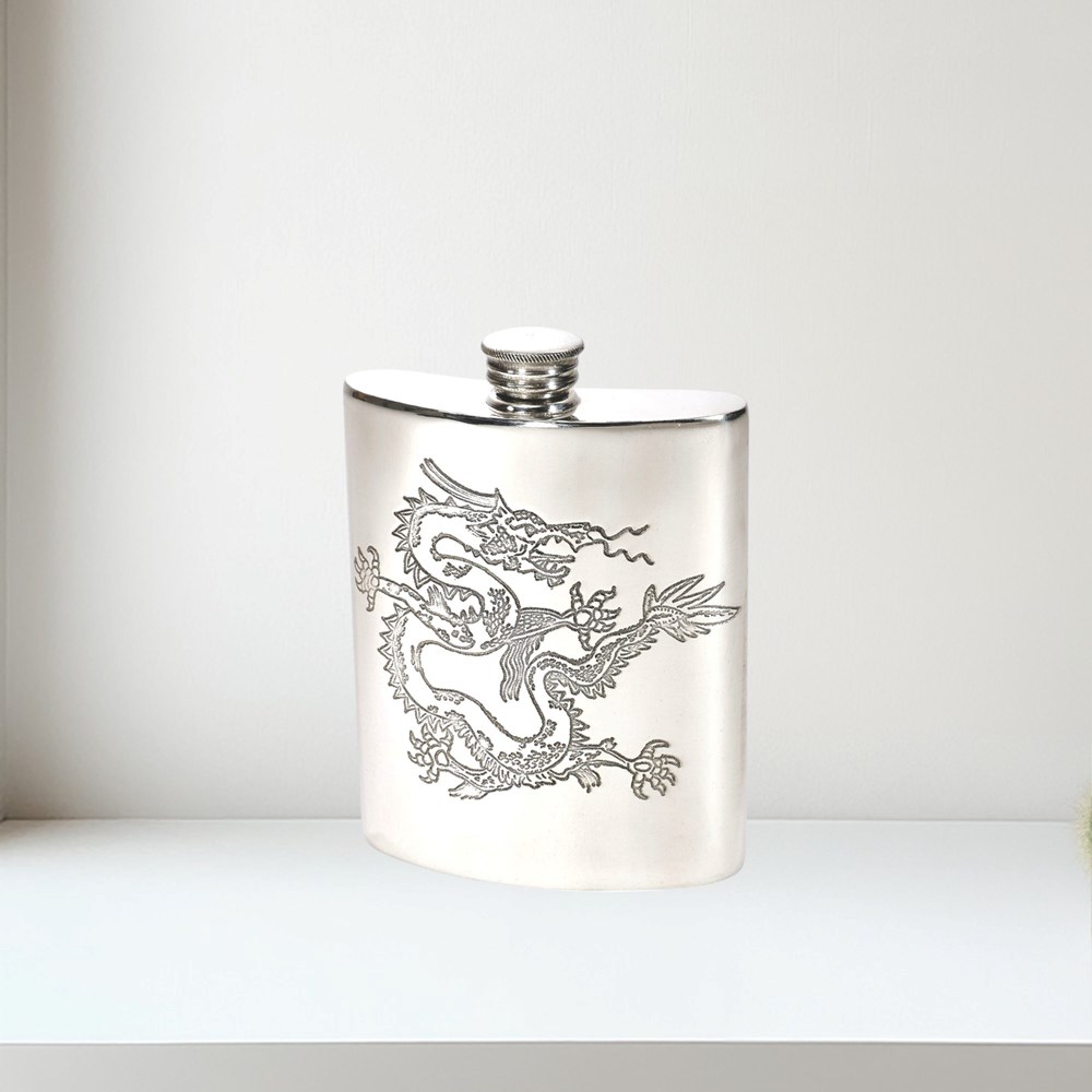 Chinese Dragon Pewter Kidney Hip Flask Chinese Dragon Pewter Kidney Hip Flask