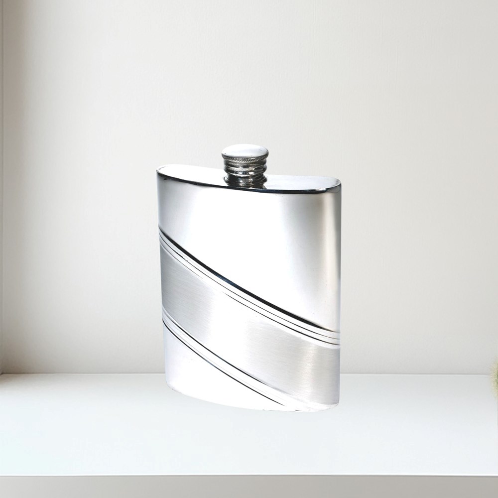 6oz Diagonal Stripe Pewter Kidney Hip Flask 6oz Diagonal Stripe Pewter Kidney Hip Flask