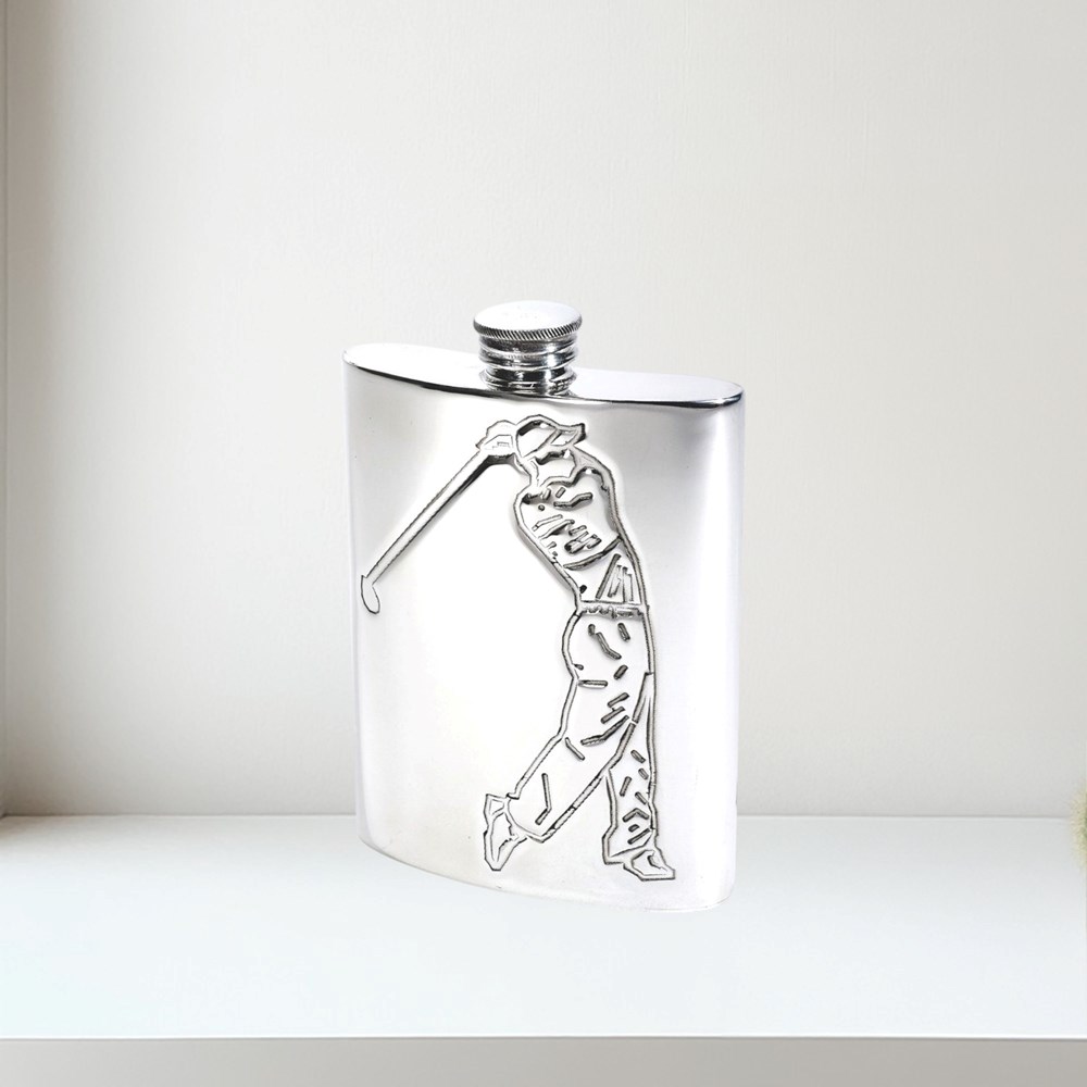 6oz Embossed Golfer Pewter Kidney Hip Flask