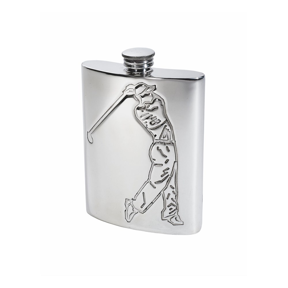 6oz Embossed Golfer Pewter Kidney Hip Flask