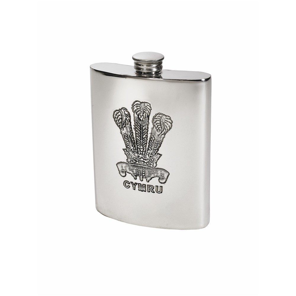 6oz Prince Of Wales Feathers Pewter Kidney Flask