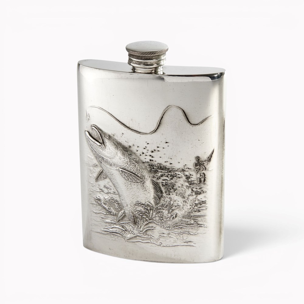 Embossed Fishing 6oz Pewter Kidney Flask Embossed Fishing 6oz Pewter Kidney Flask