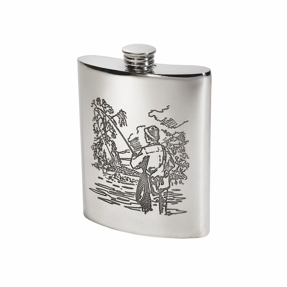 6oz Fishing Scene Pewter Kidney Hip Flask