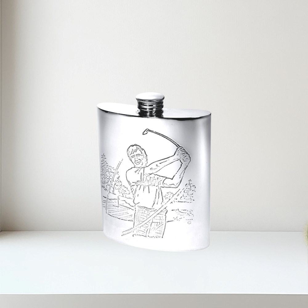 6oz Golf Scene Pewter Kidney Hip Flask