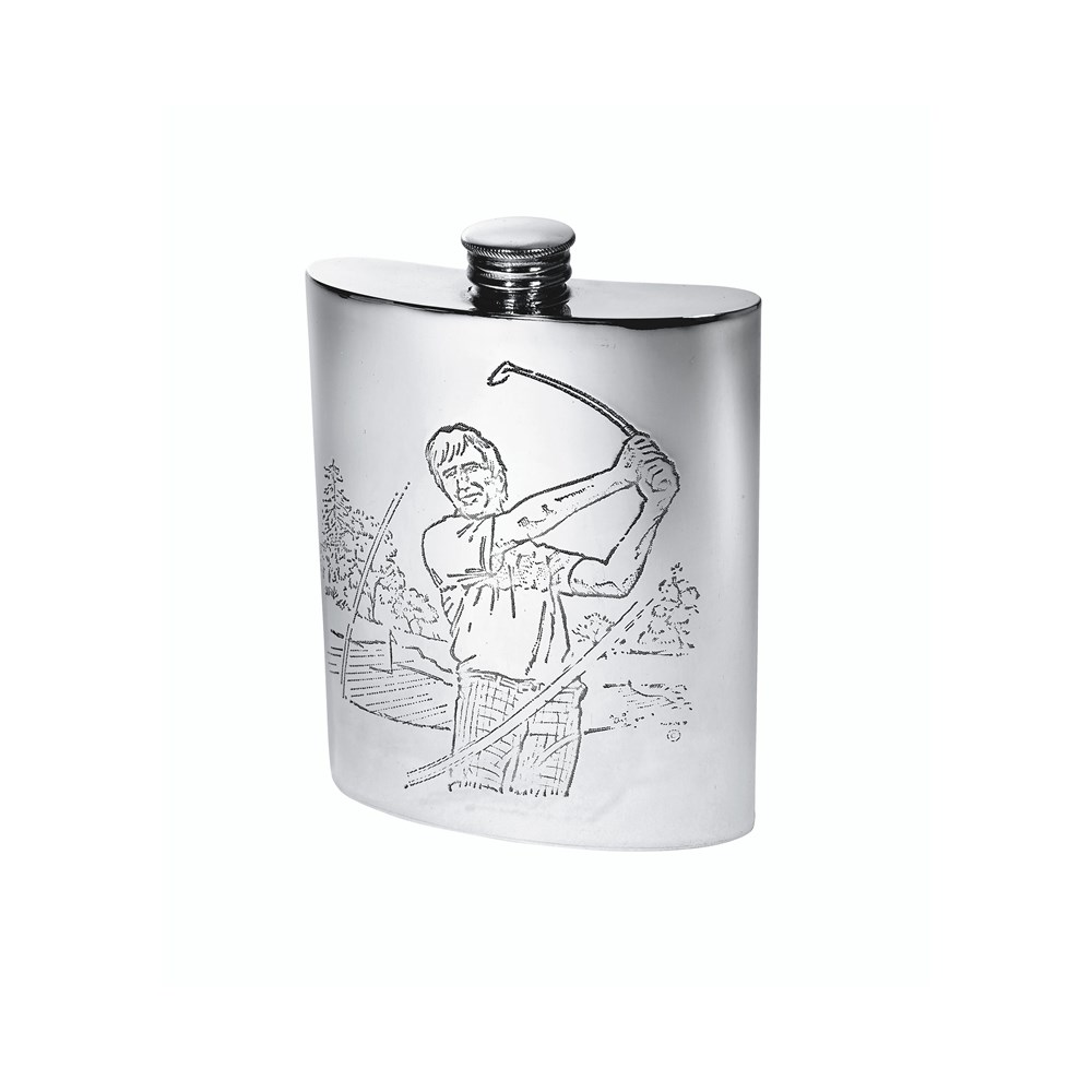 6oz Golf Scene Pewter Kidney Hip Flask 6oz Golf Scene Pewter Kidney Hip Flask