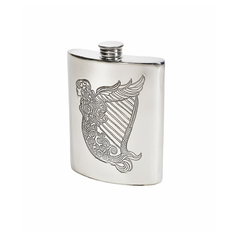 6oz Irish Harp Pewter Kidney Hip Flask