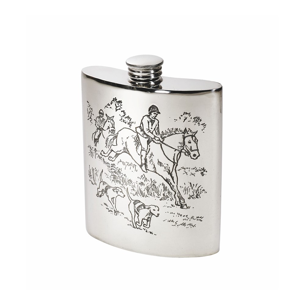 6oz Hunting Scene Pewter Kidney Hip Flask 6oz Hunting Scene Pewter Kidney Hip Flask