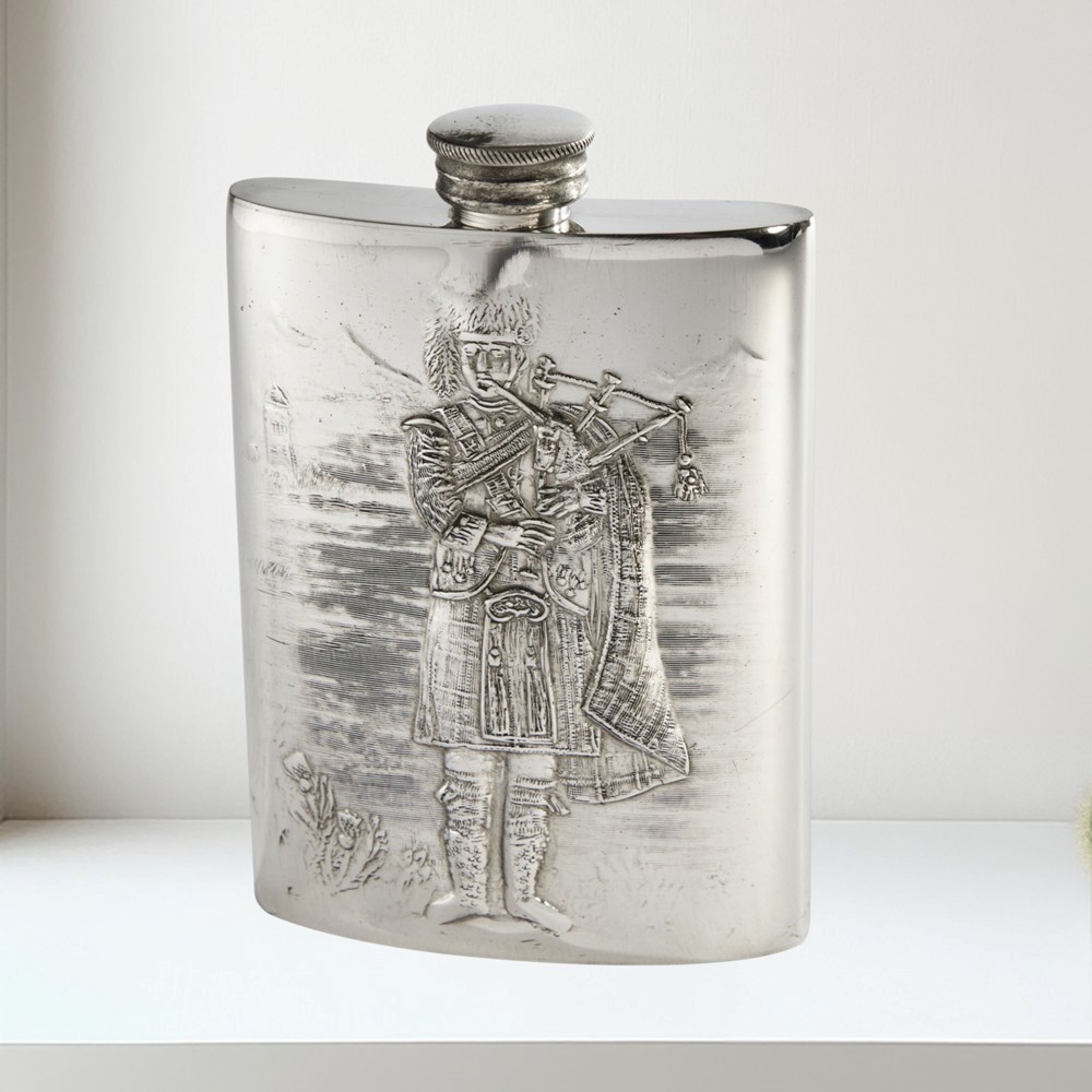 6oz Embossed Piper Flask 3oz pewter kidney spirit flask