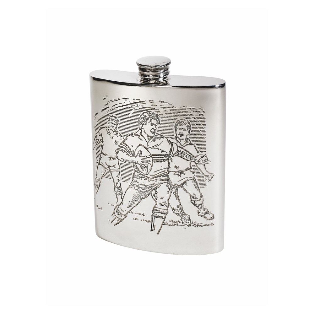 6oz Rugby Scene Pewter Kidney Hip Flask