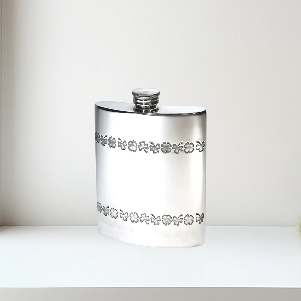 6oz Shamrock Pewter Kidney Hip Flask 6oz shamrock pewter kidney hip flask