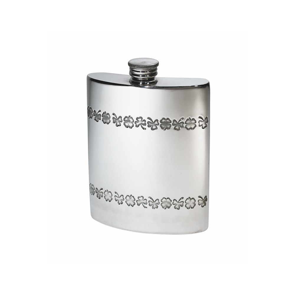 6oz Shamrock Pewter Kidney Hip Flask 6oz Shamrock Pewter Kidney Hip Flask