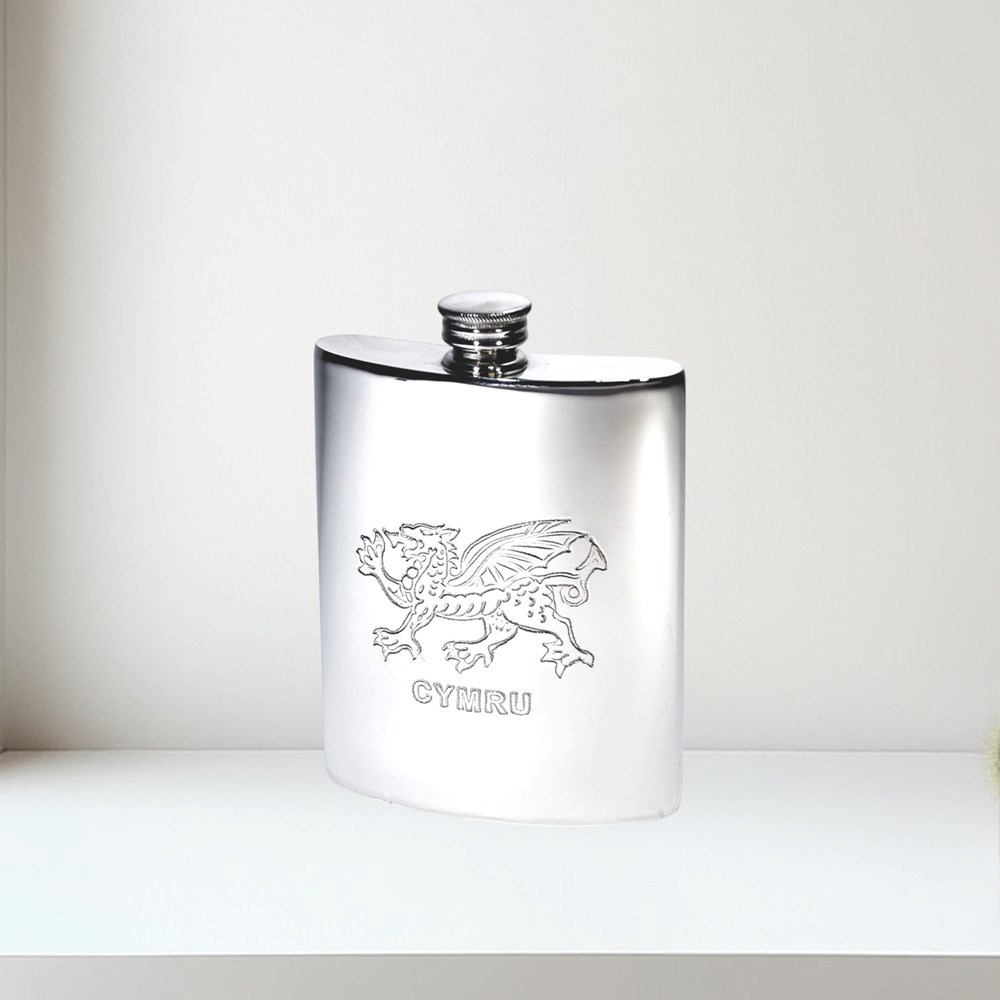 6oz Welsh Dragon Pewter Kidney Hip Flask