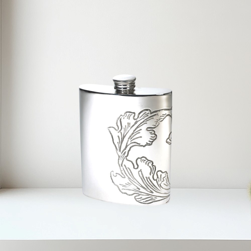 Acanthus Pattern Pewter Kidney Hip Flask Acanthus Pattern Pewter Kidney Hip Flask