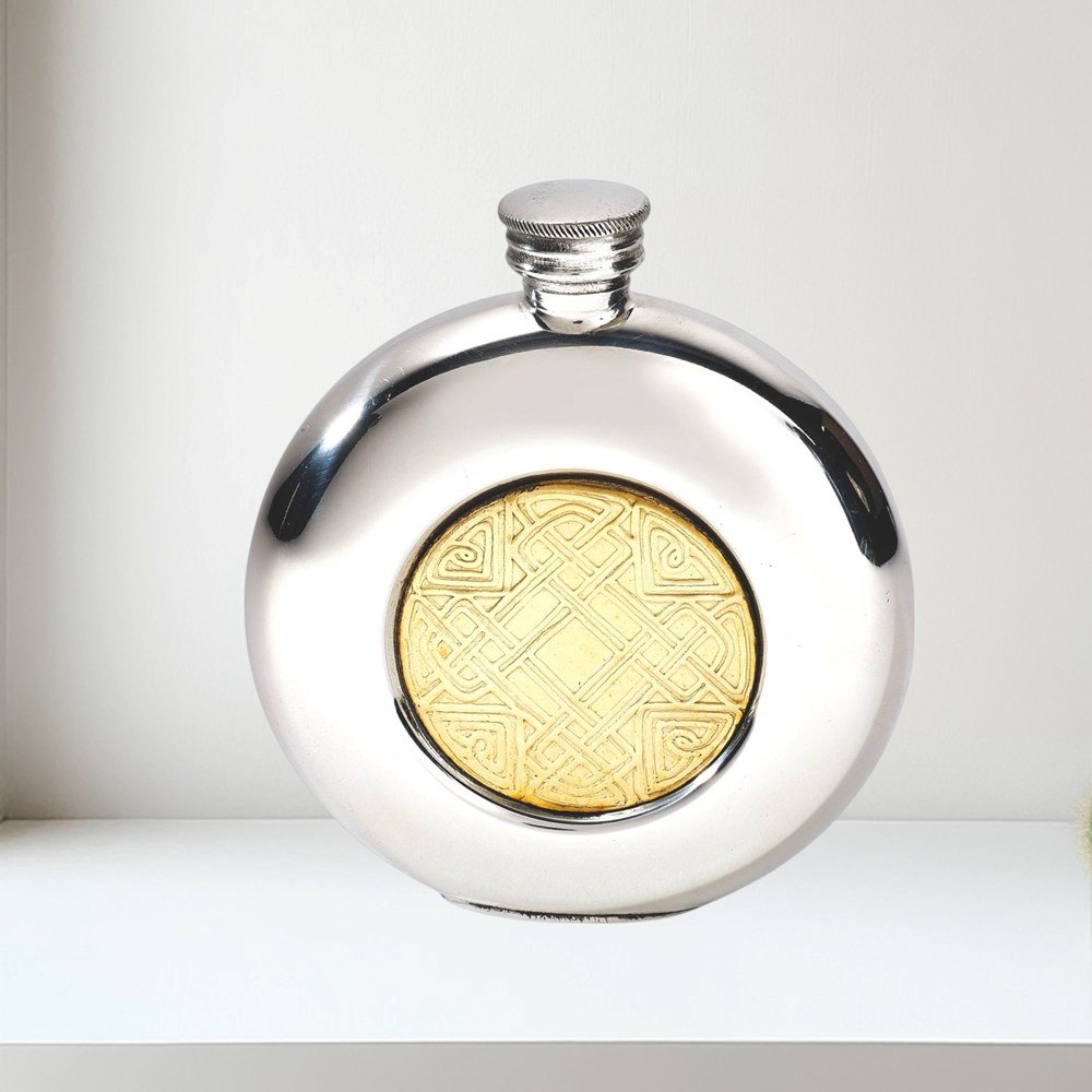 6oz Round Pewter Celtic Gold Flask