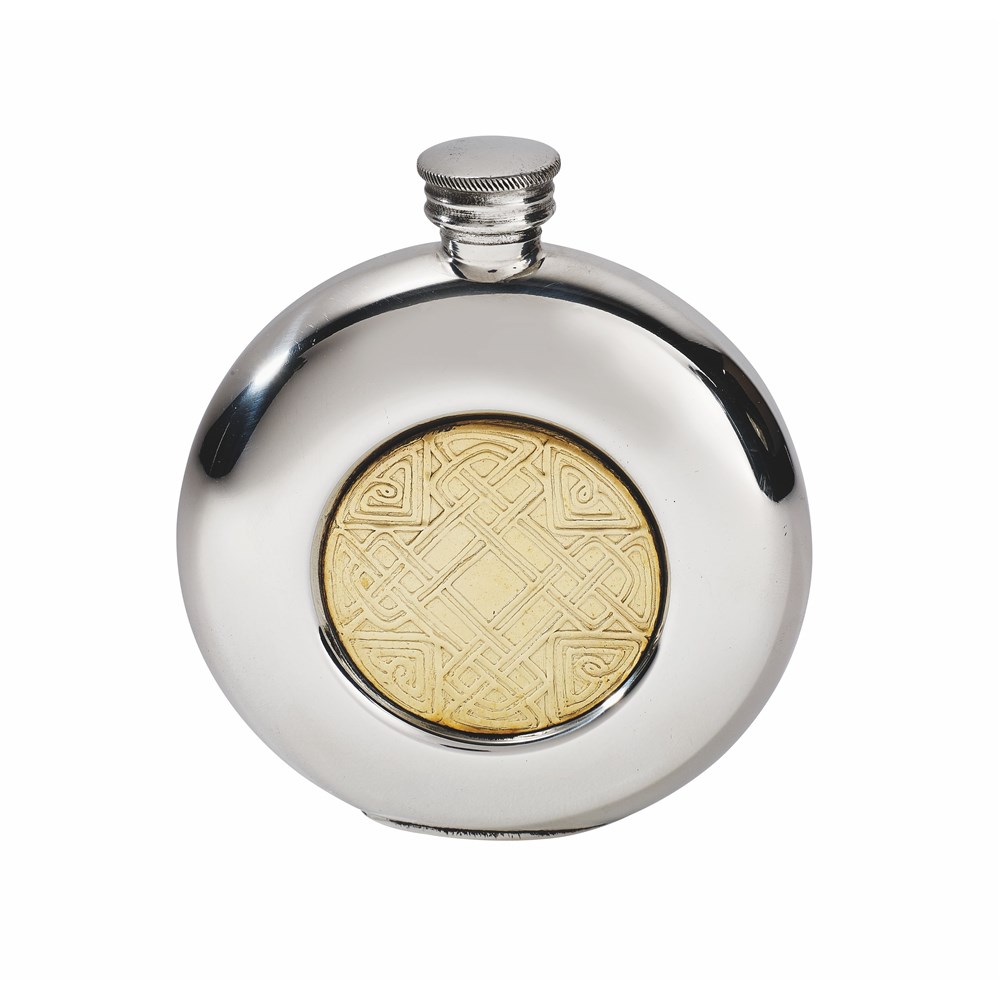 6oz Round Pewter Celtic Gold Flask 6oz Round Pewter Celtic Gold Flask