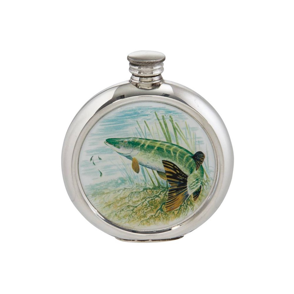 6oz Round Pike Pewter Picture Flask