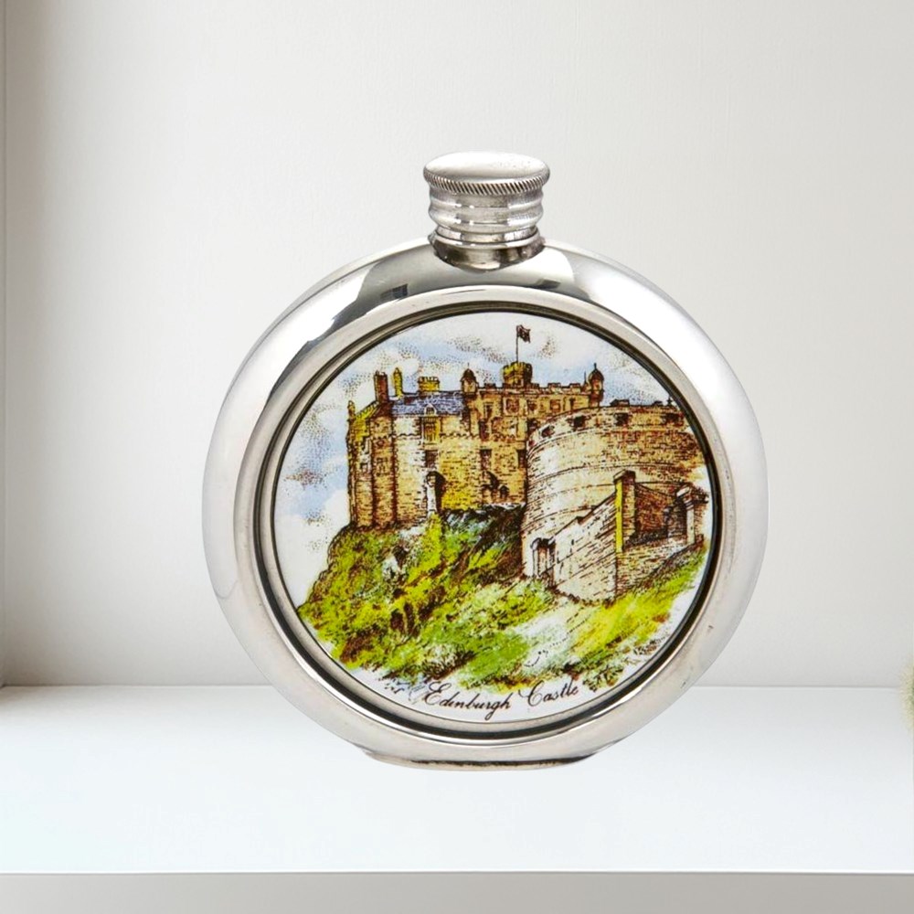Edinburgh Castle 6oz Round Pewter Picture Flask