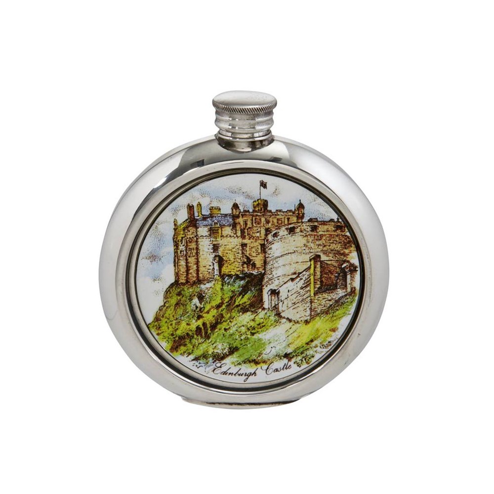 Edinburgh Castle 6oz Round Pewter Picture Flask